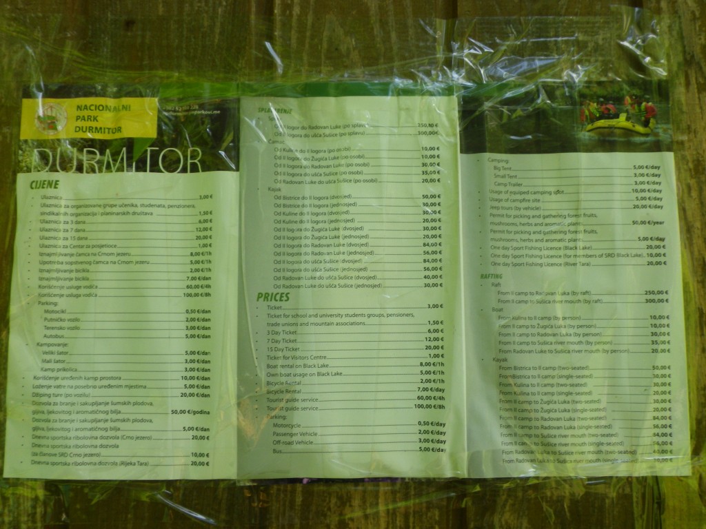 Grille tarifaire des différents droits dans le parc national de Durmitor